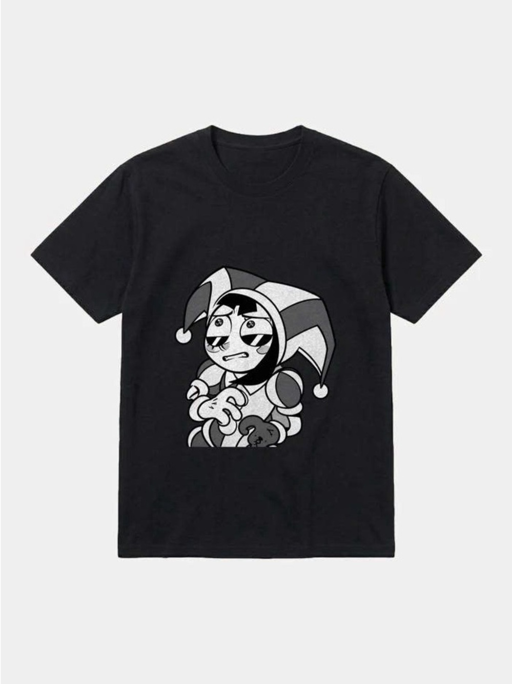 Black Short-Sleeve Tee with Monochrome Jester Graphic